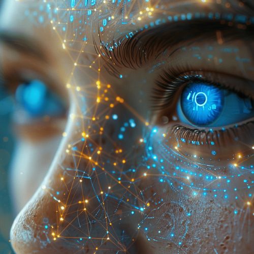 Rosto de mulher digital olhando para o horizonte, simbolizando a visão de futuro do portal simplifica tudo